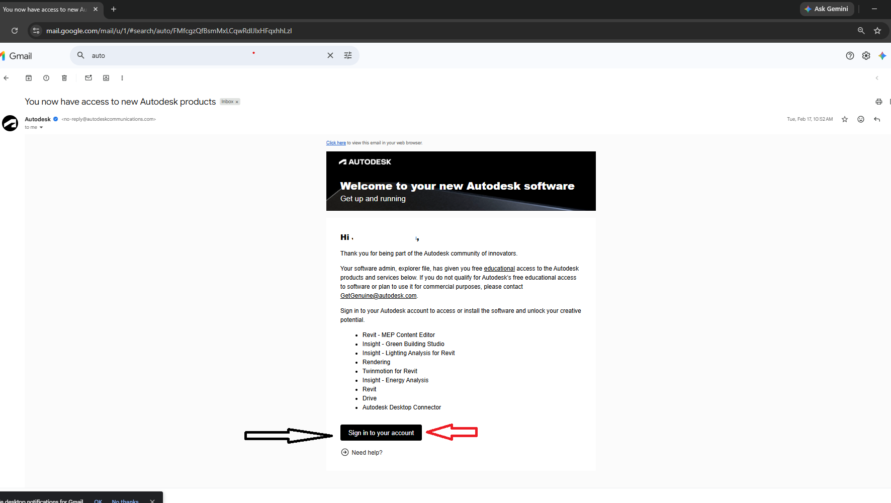Email received from Autodesk