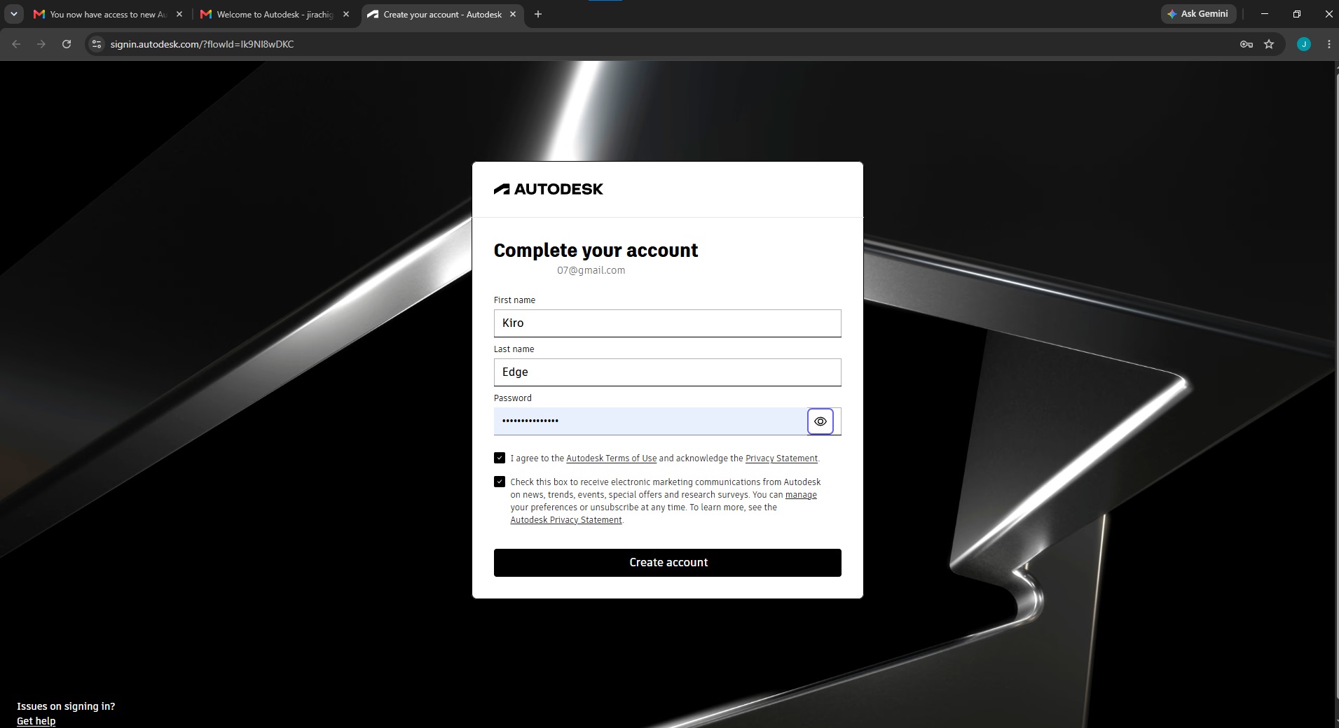 Account creation screen